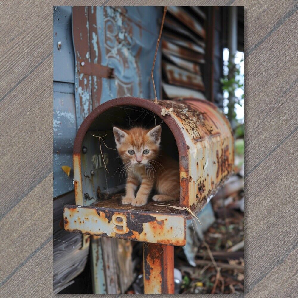 POSTCARD Cat Kitten In Rusted Out Old Mailbox Cute Mail County House Cute Fun