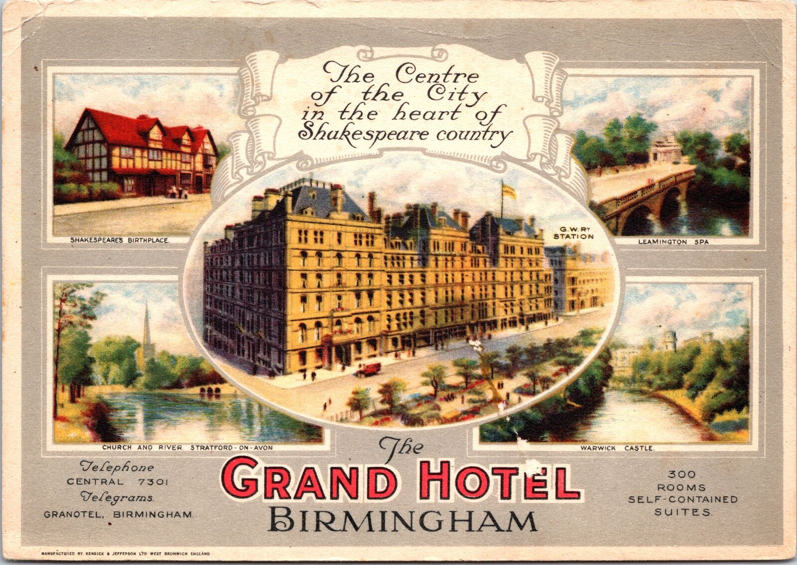 CONTINENTAL SIZE POSTCARD THE GRAND HOTEL IN BIRMINGHAM ENGLAND c. 1935