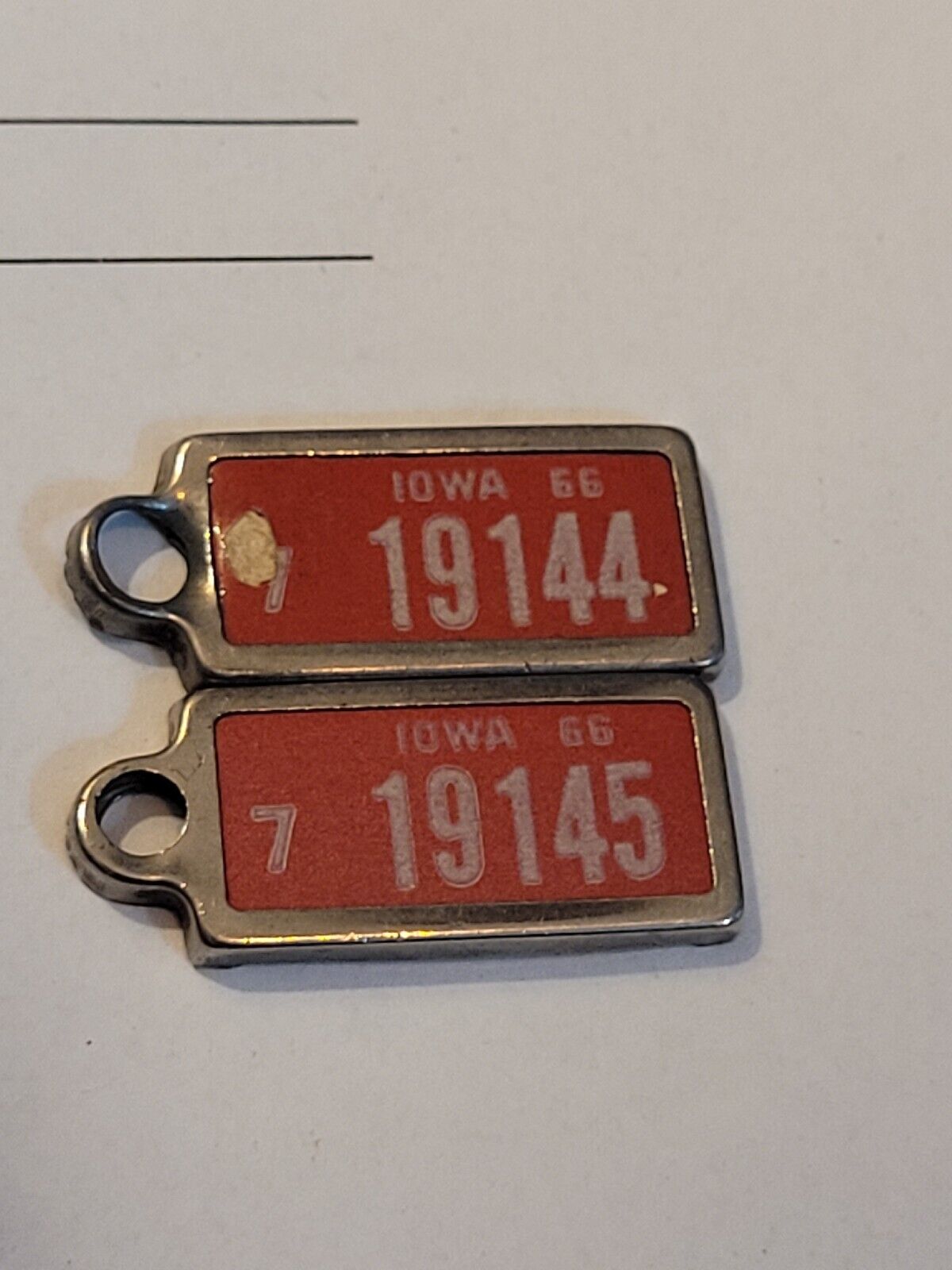 2 DAV 1966 Iowa keychain license plate tag # 7 19144 #7 19145 * METAL * CAR/FOB