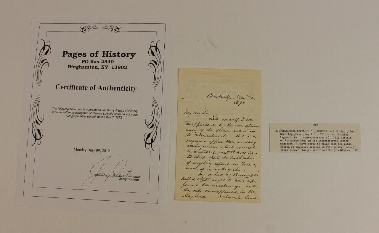 Dr George Lowell Austin MD Physician Lawrence Massachusetts Letter COA 1800s