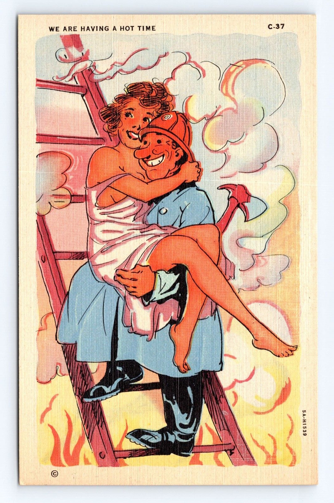 Postcard Humor Risqué 1940\'s Fireman Rescuing Lady Nightgown Hot Time