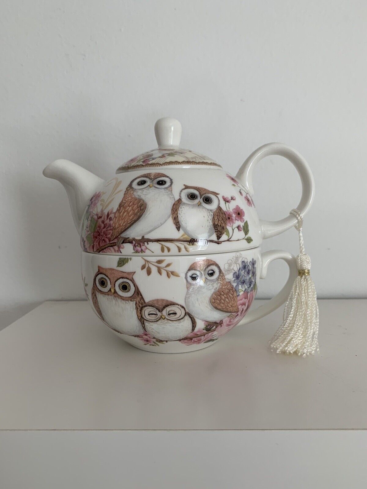 Bits and Pieces Owls Tea For One Porcelain Teapot and Cup Original Tassle NWOB