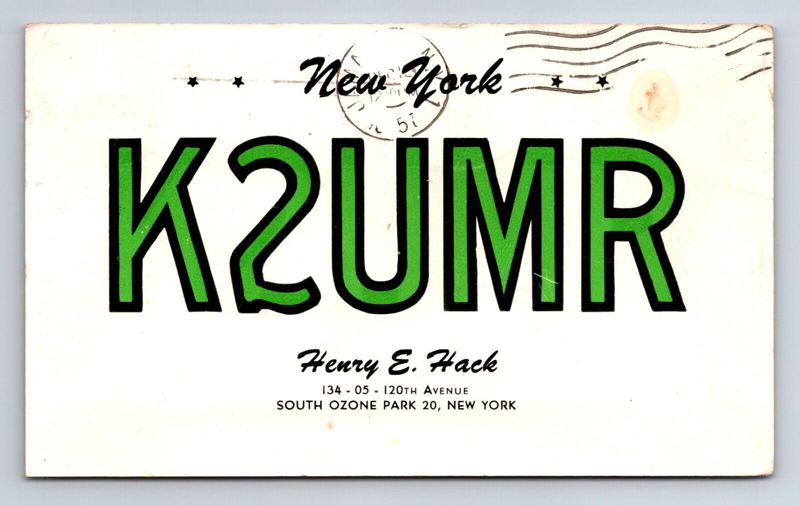 Vintage Ham Radio CB Amateur QSL QSO Postcard K2UMR South Ozone Park, NY 1957