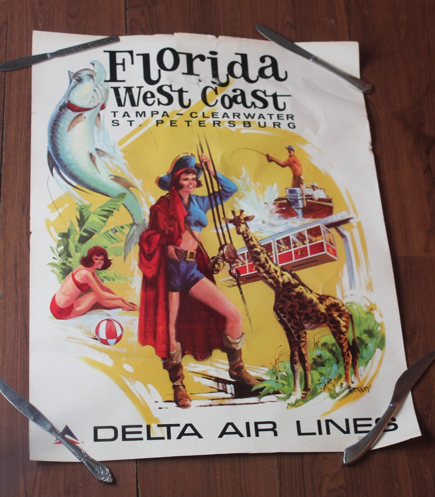 VTG Delta Air Lines Florida West Coast Pirate Poster Original Sweney USA 28X22\