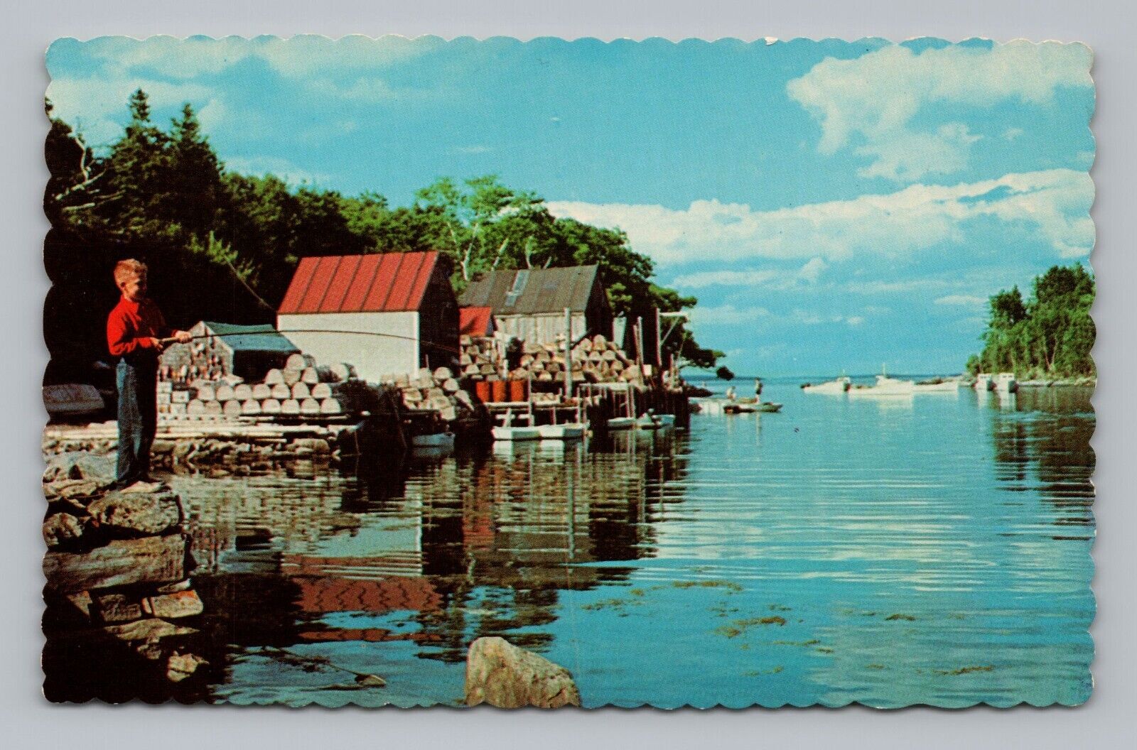 Postcard Maine Little Boy Fishing on High Tide Harbor Water River Boats ME 103