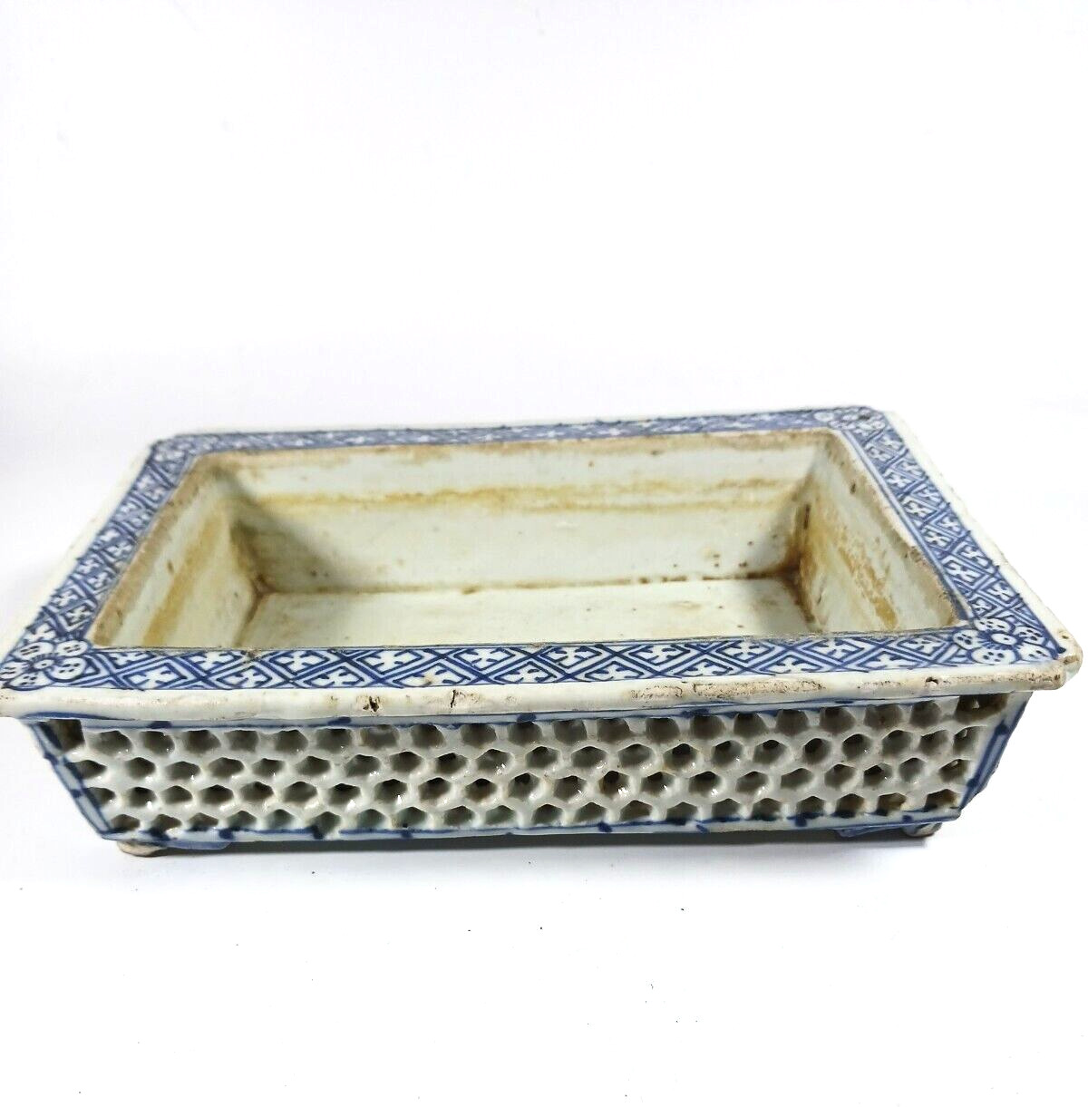 Antique Japanese Hirado Arita Blue White Reticulated Openwork Bonsai Planter