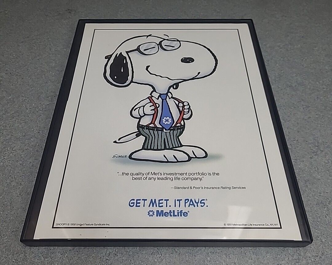 Snoopy Peanuts Met Life Insurance 1991 Print Ad Framed 8.5x11 