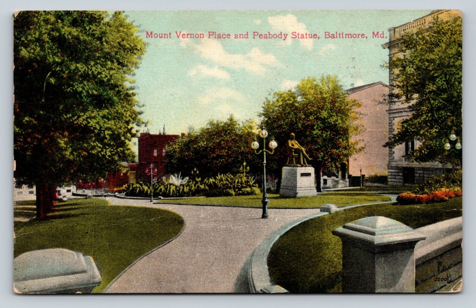 c1909 Baltimore Maryland MD Mount Vernon Place & Peabody Statue ANTIQUE Postcard