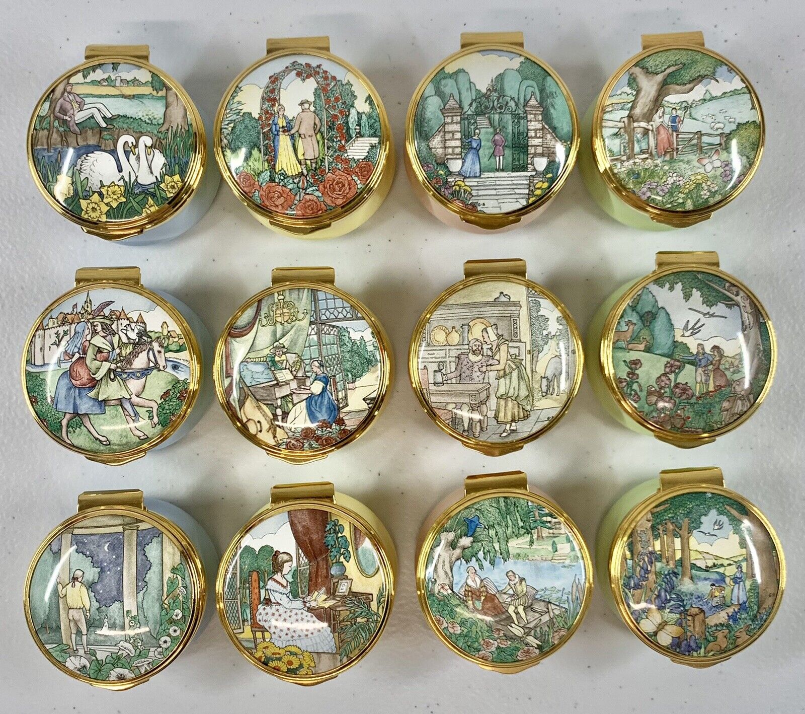 Franklin Mint Complete Set of 12 “The Poetry Of Love” Enamel Pill Box Collection