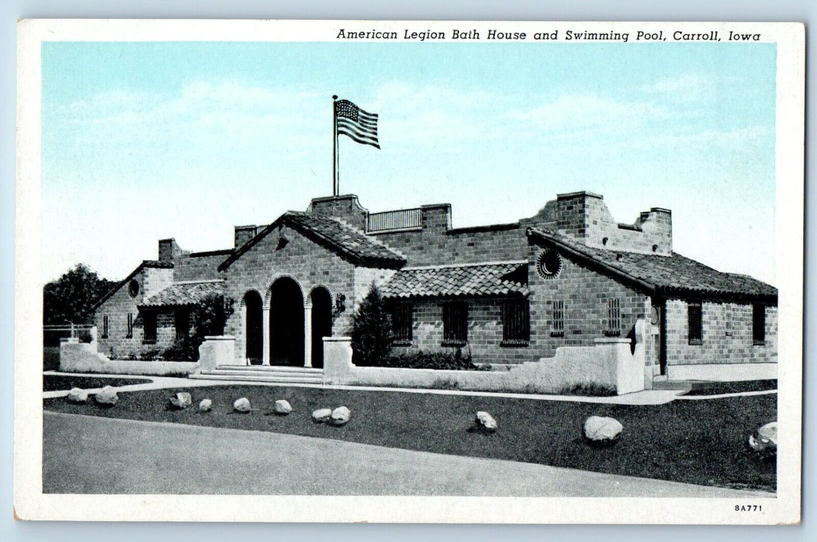 Carroll Iowa IA Postcard American Legion Bath House Swimming Pool c1940 Vintage