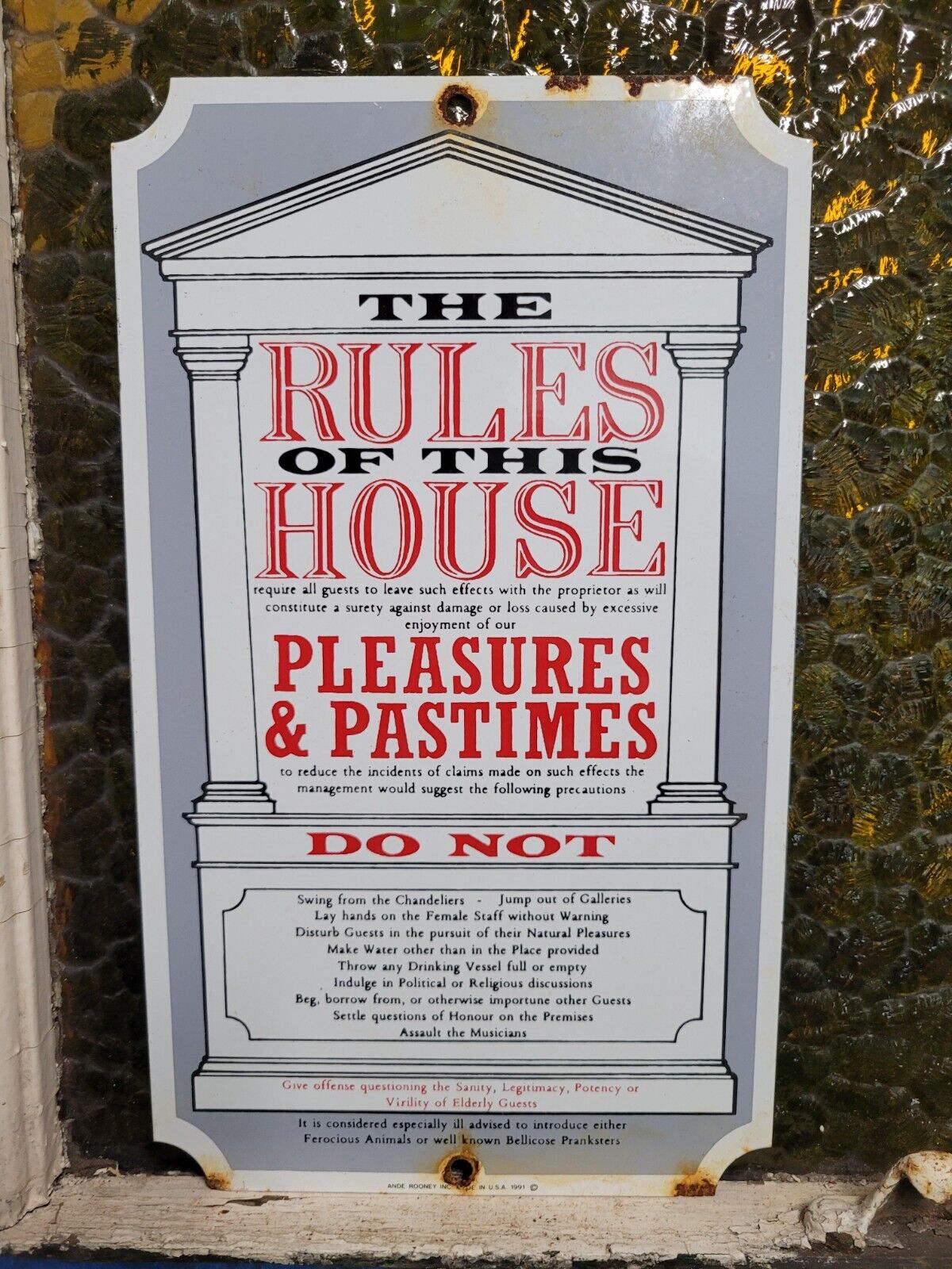 VINTAGE PORCELAIN SIGN OLDE TIME RULES OF THE HOUSE PLEASURES PASTIMES DO NOT