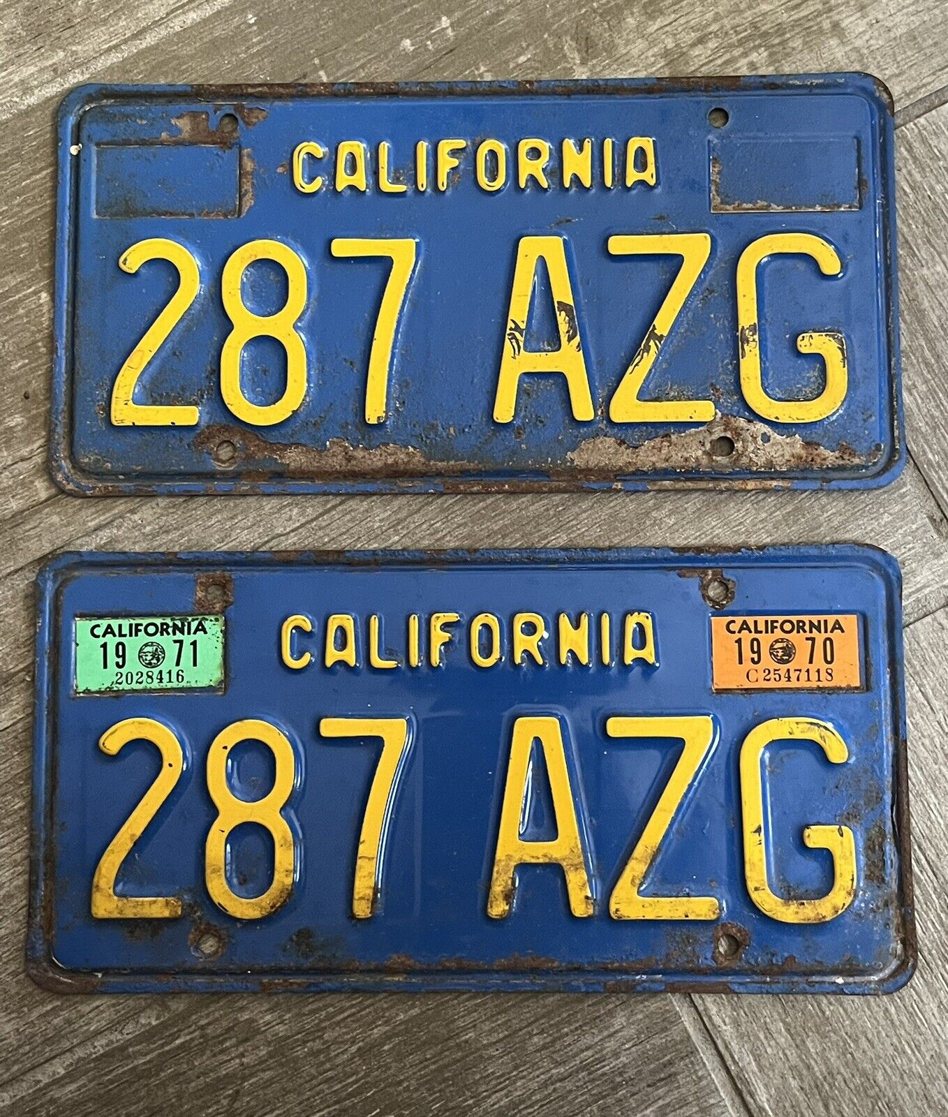 1970 1971 California License Plates Matching Set Pair Tags 287 AZG Blue & Yellow