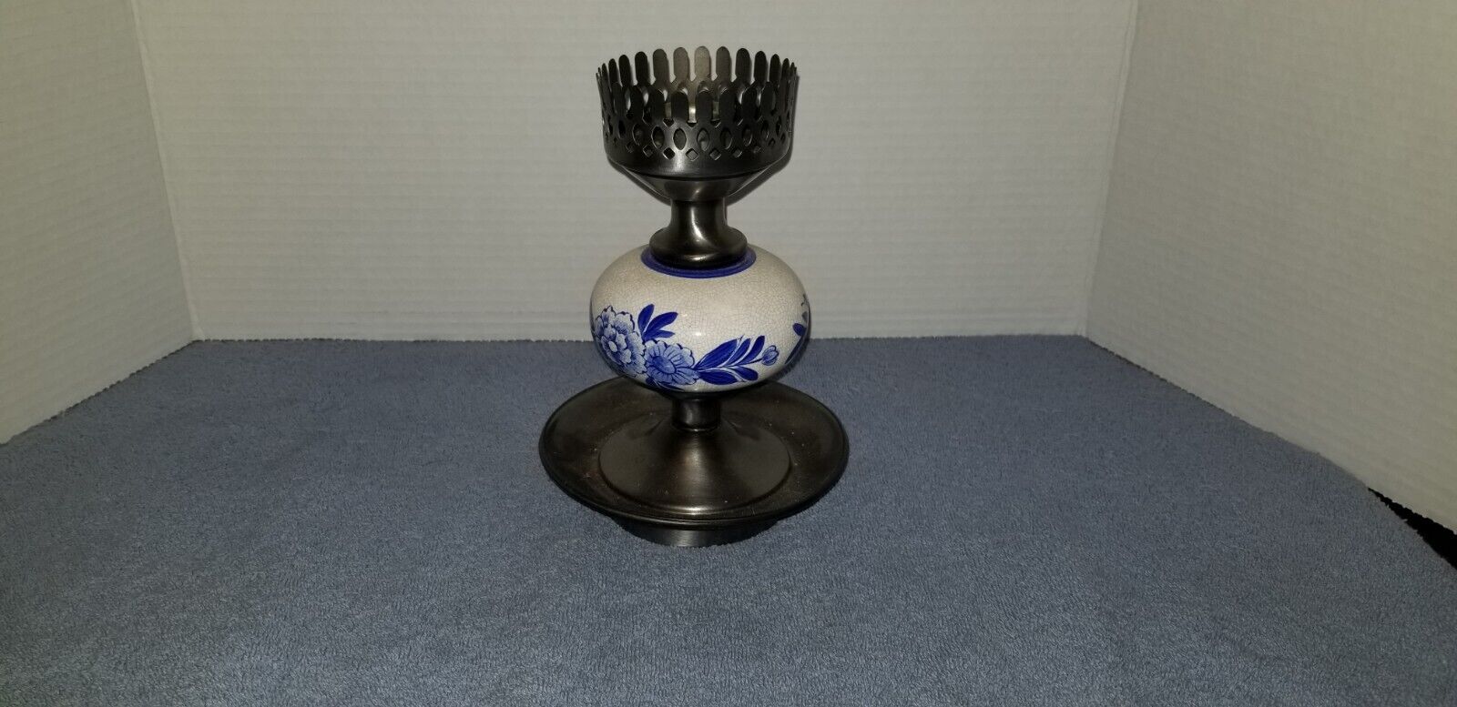 Vintage Ceramic Hurricane Candle Holder Lamp Blue Flower Print