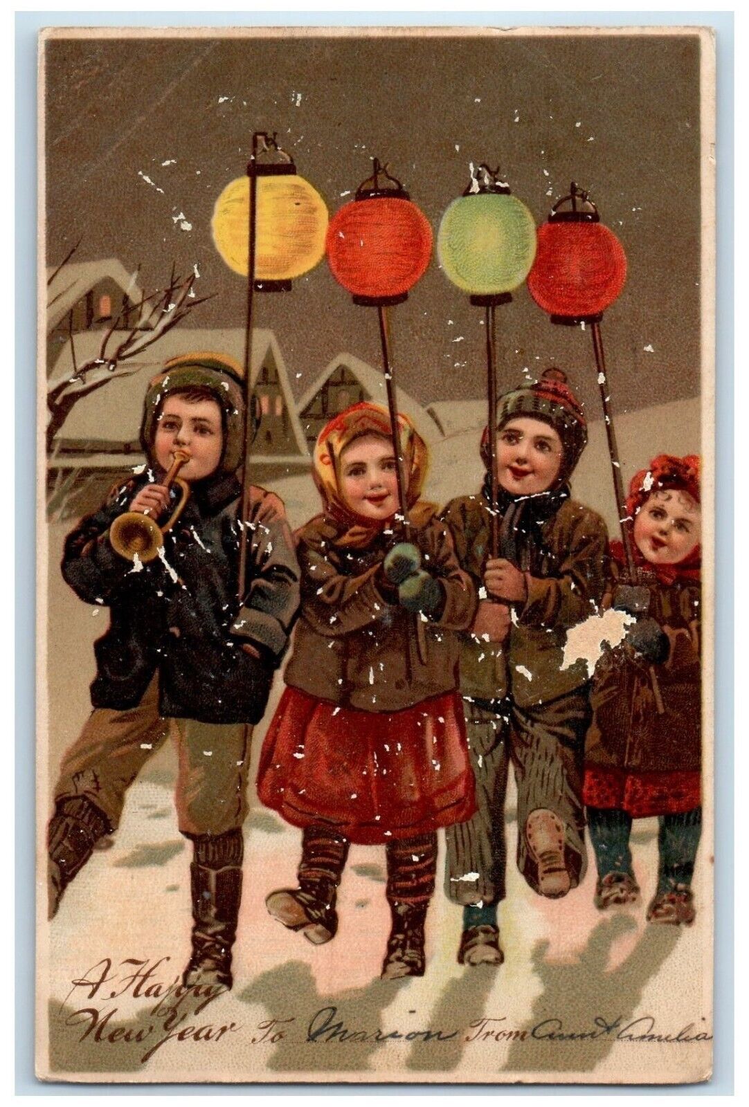 1906 New Year Children Caroling Lantern Clapsaddle Brooklyn NY Antique Postcard