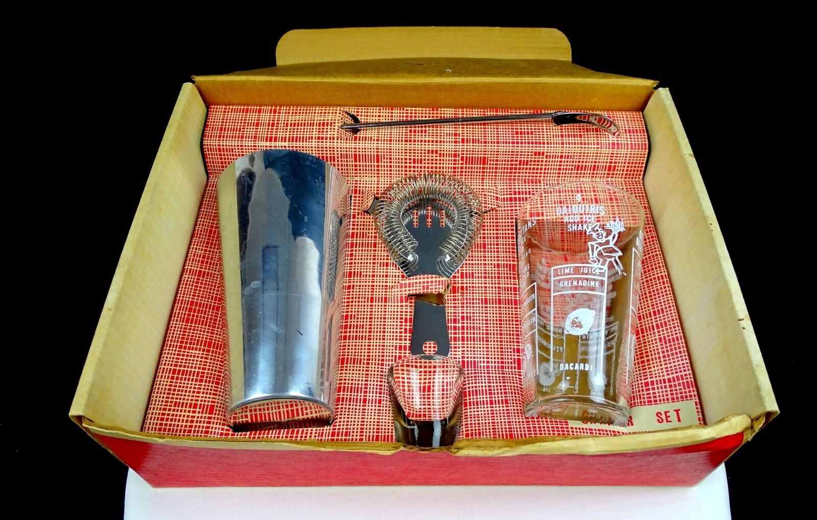 Perfect Host Professional 5 Pc Glass & Metal Vintage Bar Set Original Box 1950-