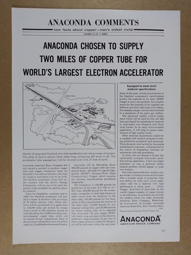 1963 Anaconda Copper Tube for Stanford Electron Accelerator vintage print Ad