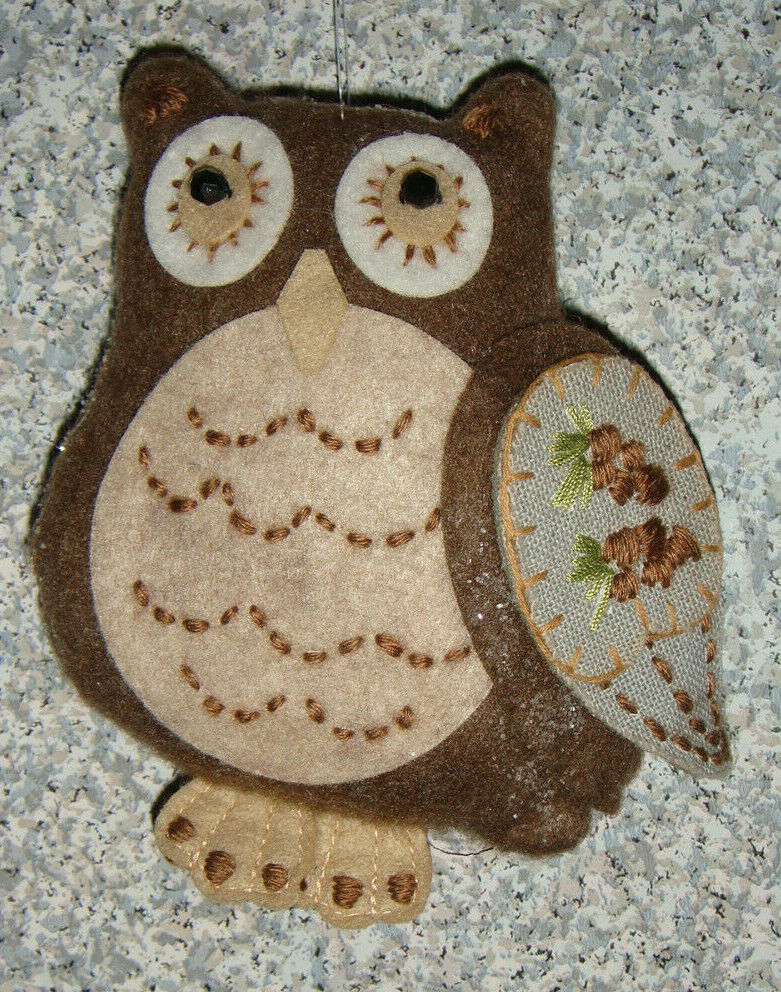 OWLS NEW horned owl Christmas ornament, mixd materials, brown, soft squeezable 