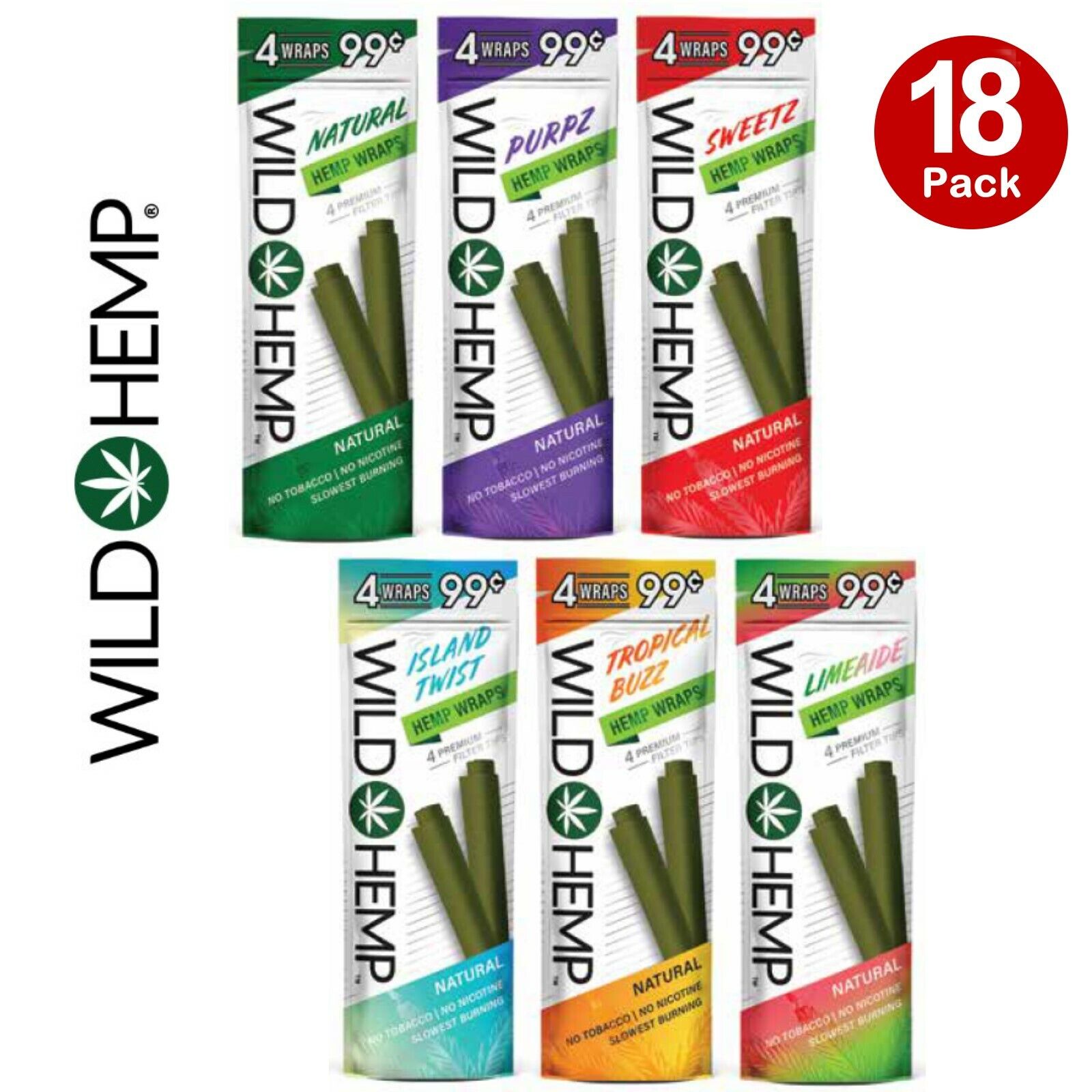 Wild H. Organic Wrap Variety Pack 18 Pouches, 4 Per Pouch - 72 Wraps Total