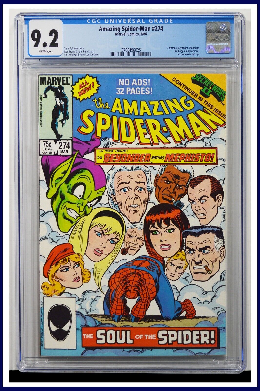 Amazing Spider-Man #274 CGC Graded 9.2 Marvel March 1986 John Romita Comic Book.