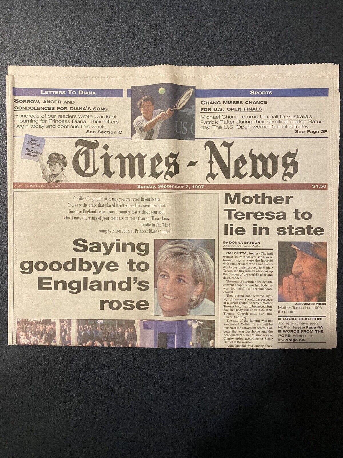Vintage Newspaper Saying goodbye to England’s rose Princess Diana 9/7/1997