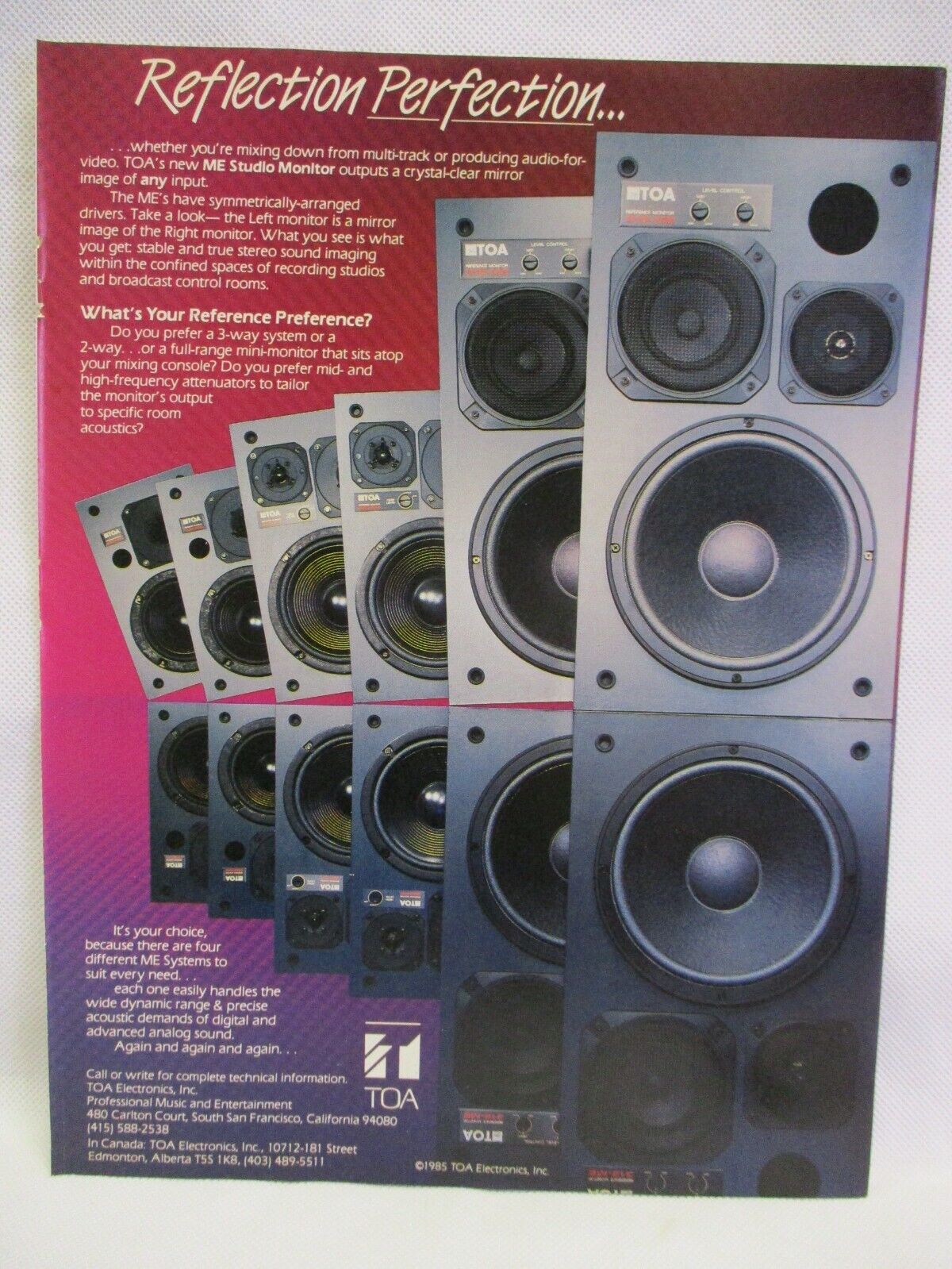 TOA ME Studio Monitor Speakers 1985 Vintage Print Ad Music Room Man Cave Full Pg