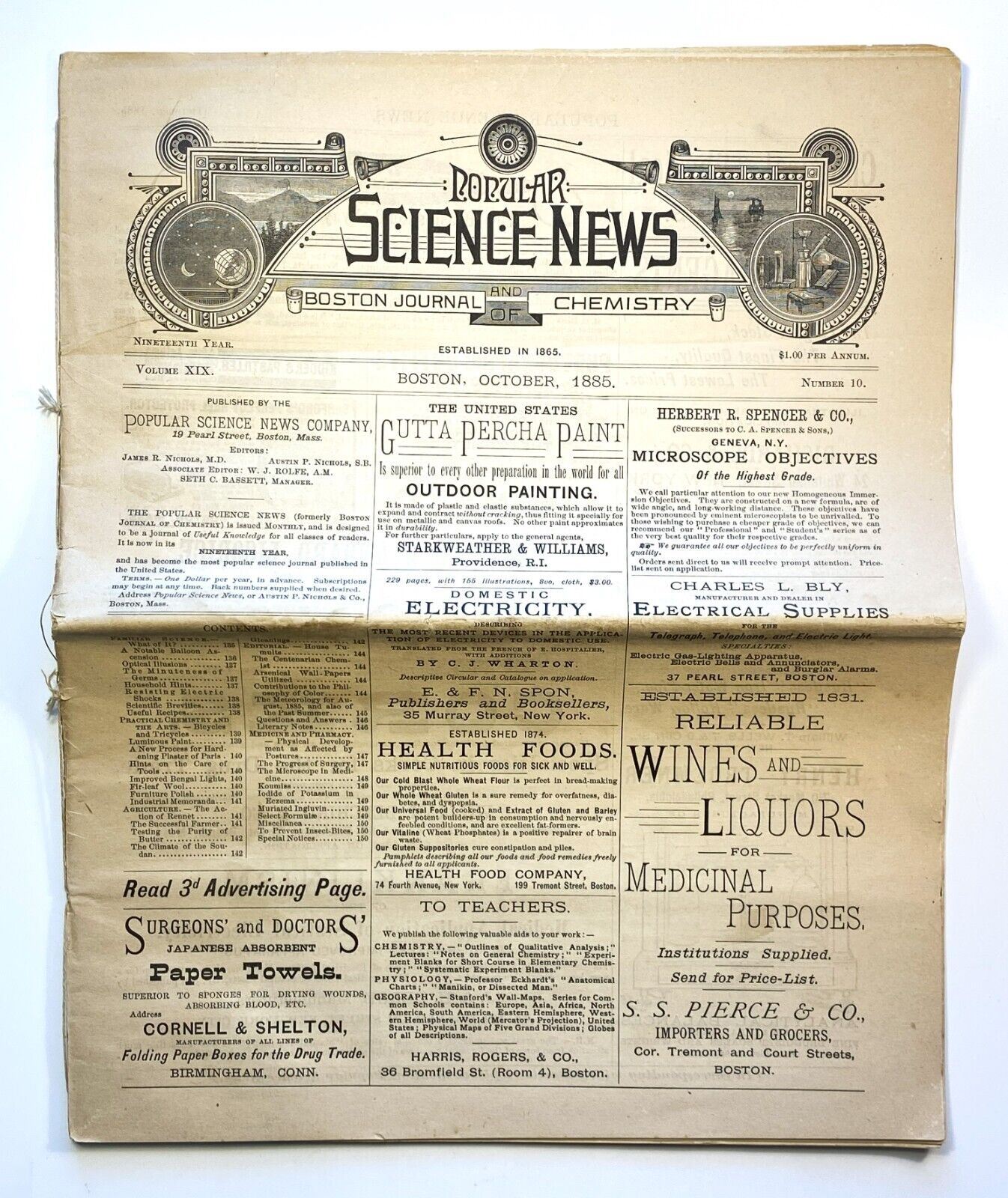 Popular Science News & Boston Journal Of Chemistry, Oct. 1885, Antique Newspaper