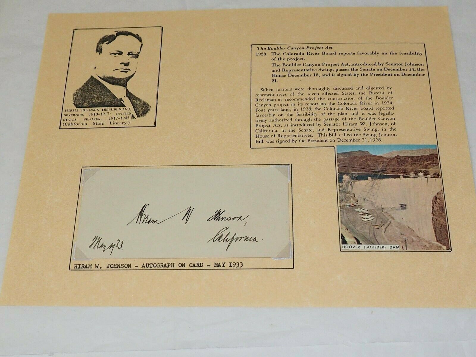 Senator HIRAM W.JOHNSON AUTOGRAPH and Story of Hoover Dam and the Boulder canyon