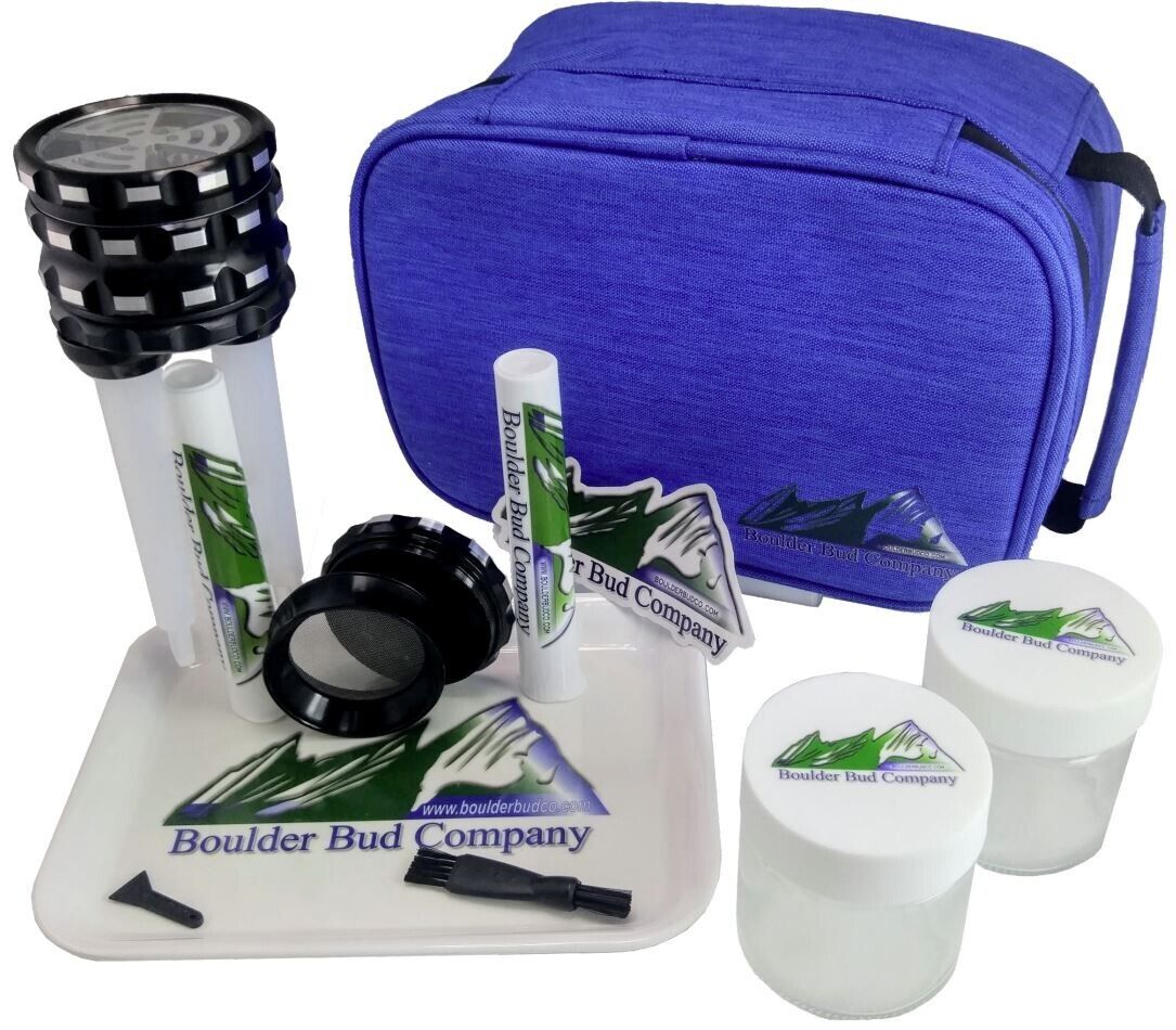 Blue Smell Proof Bag w/Combo Lock with Free Grinder, Cone Filler, Tray, & JarsT