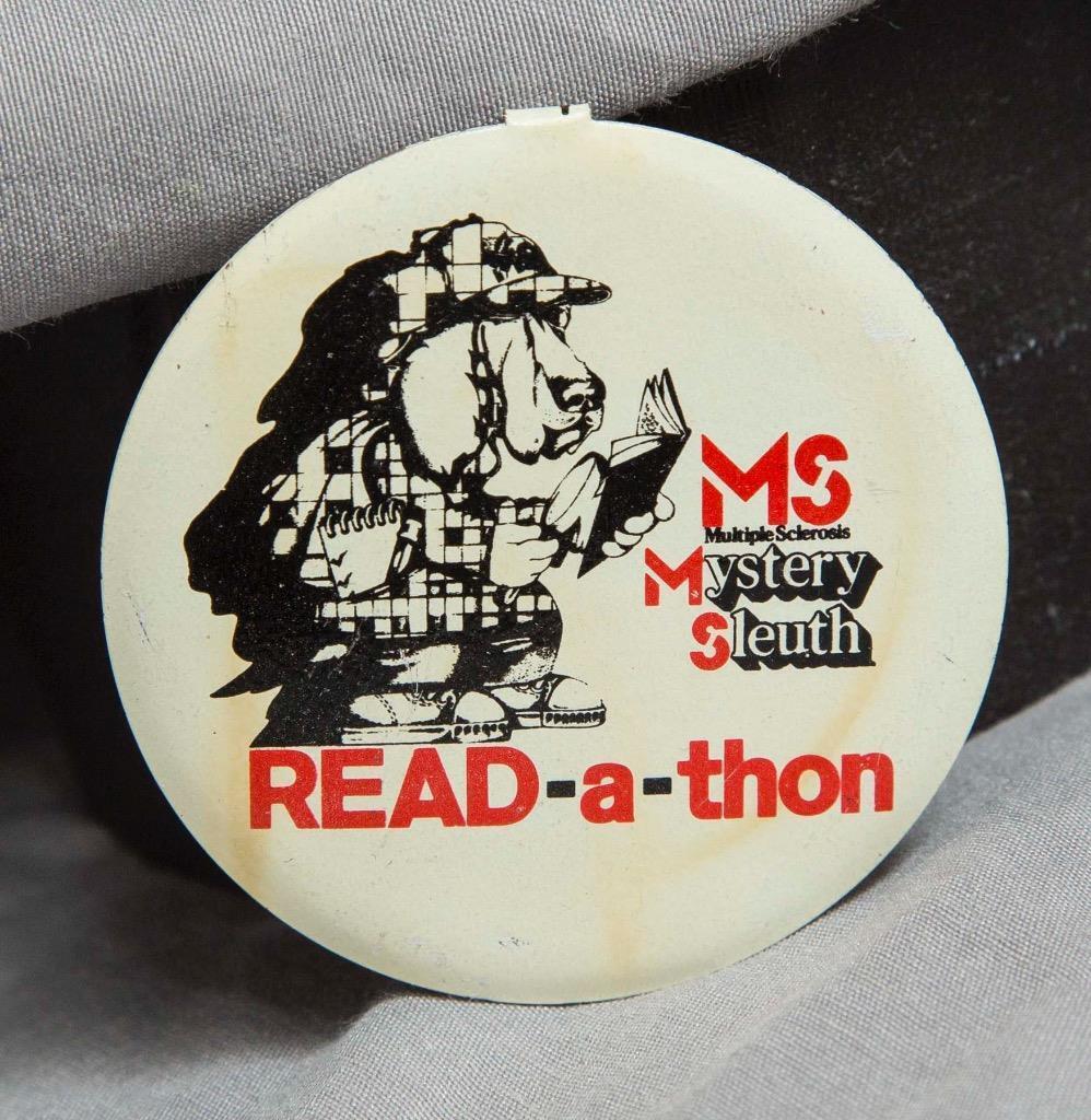 Vintage Multiple Sclerosis Mystery Sleuth Fold Back Badge Button g50