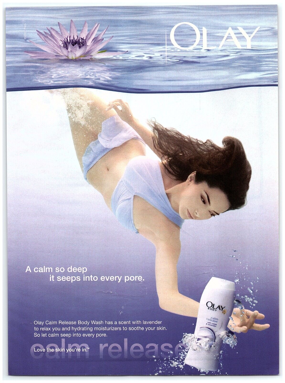 2007 Olay Body Print Ad, Bikini Mermaid Under Water Calm Release Smooth Skin Hot