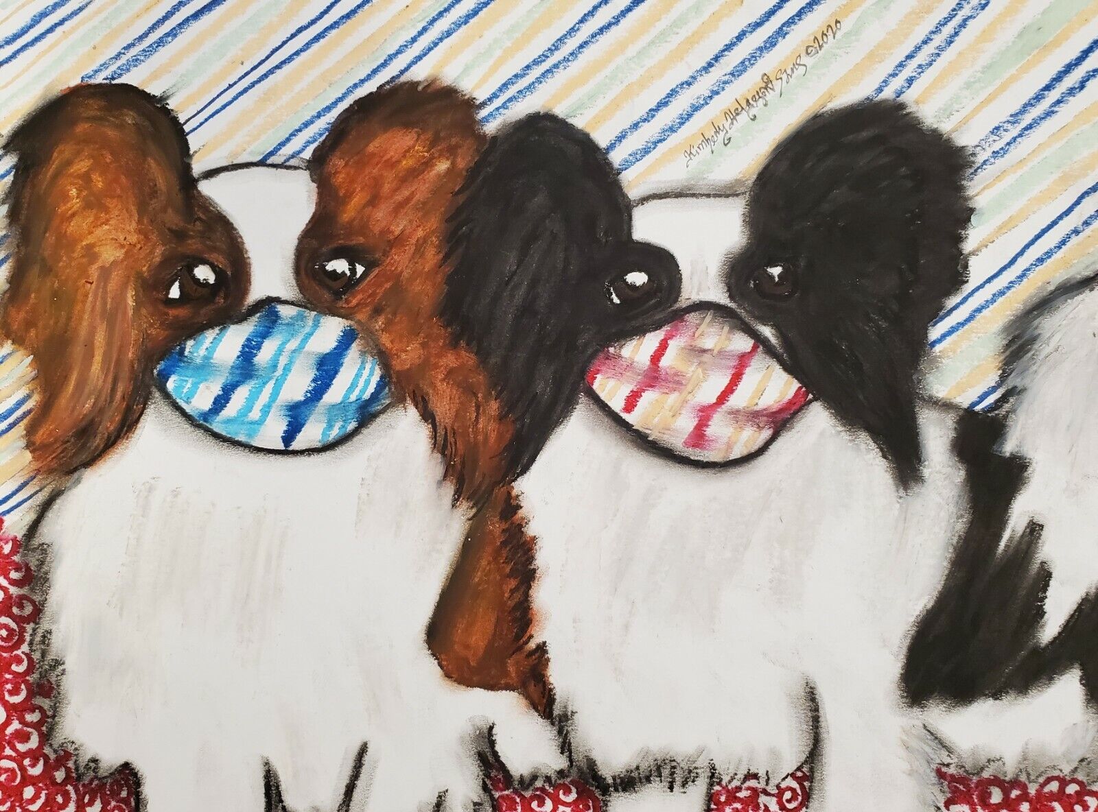 PAPILLON Quarantine White Red Black Dog Art PRINT of KSams Painting