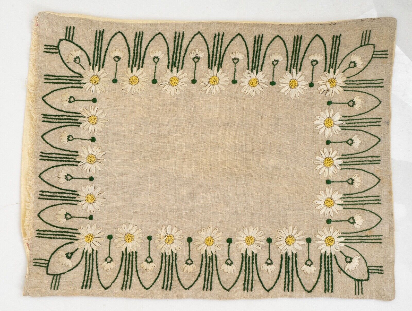 1920s Arts and Crafts Mission Style Linen Embroidered Pillow Case Daisies