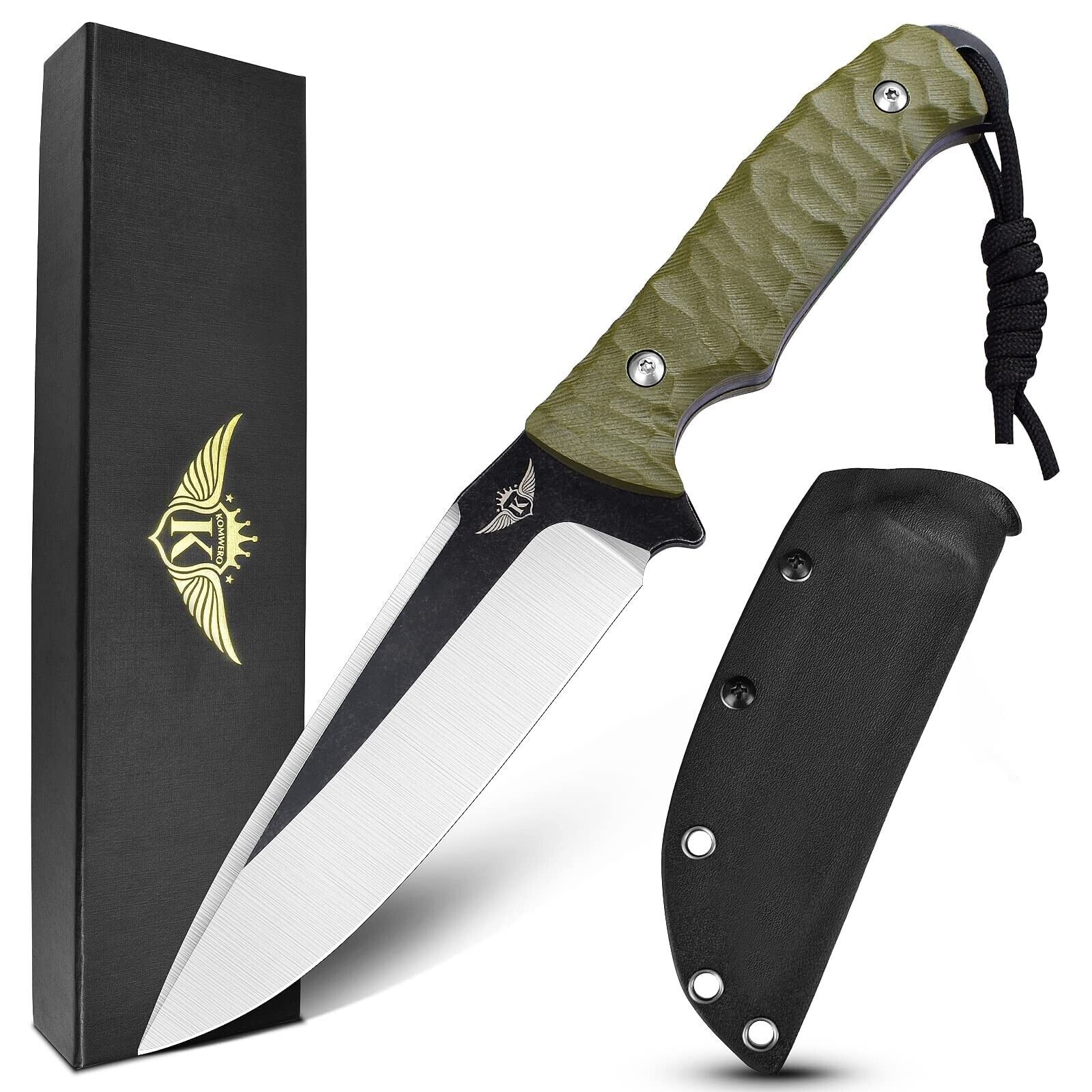 KOMWERO Outdoor Hunting Knife, 4.52 Inch Blade D2 Steel, Fixed Blade Knife wi...