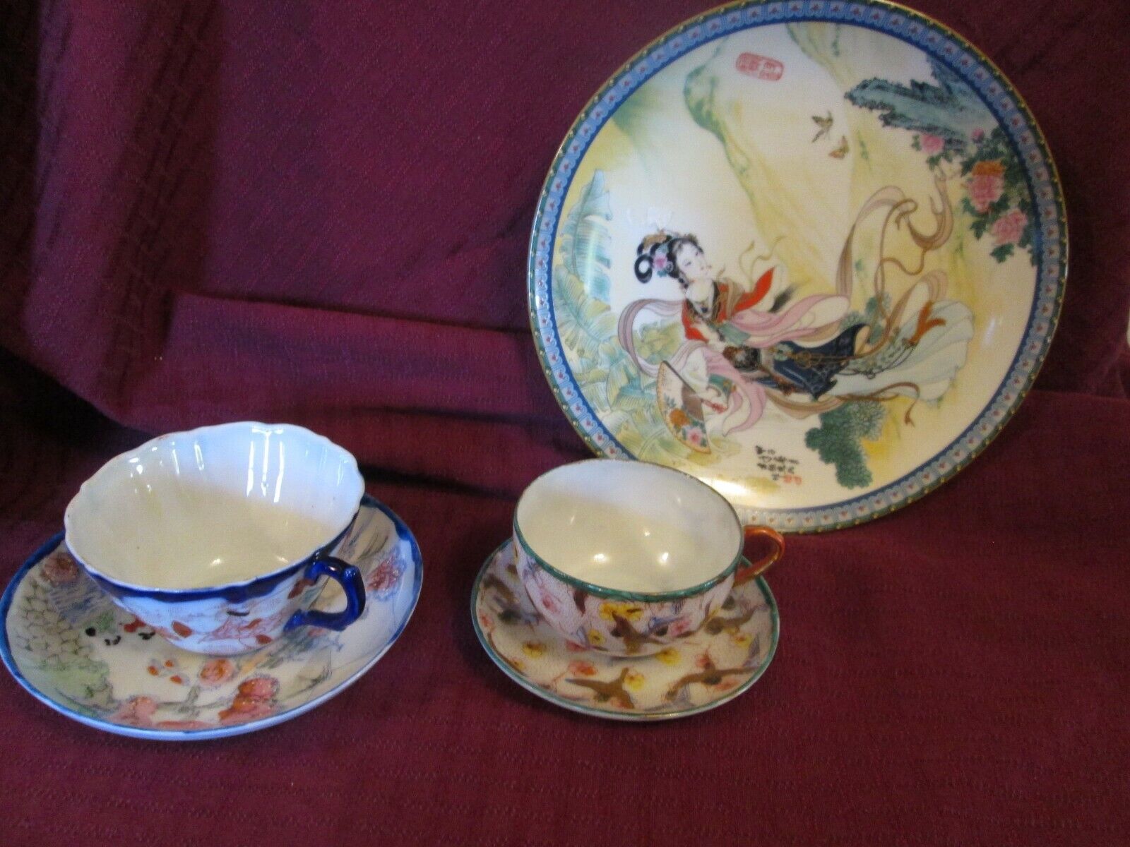 5 Piece Oriental Porcelain Cups Saucers Plate Geisha Birds Hand Painted Cobalt 