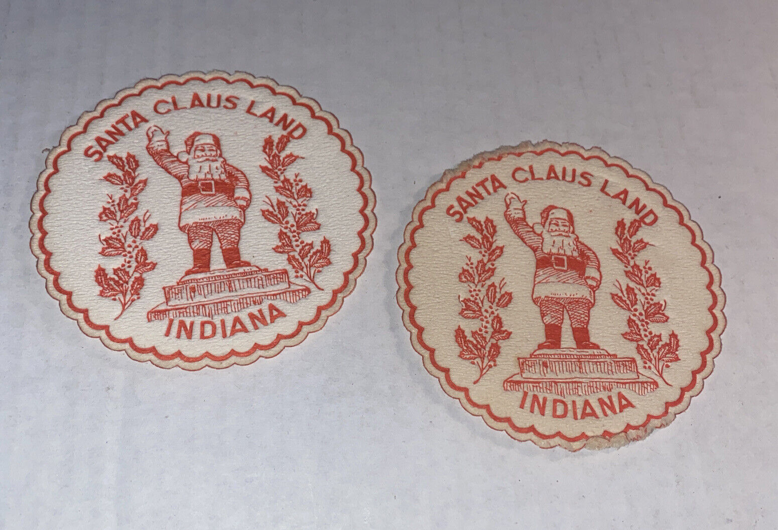 2 Vintage Santa Claus Land Indiana Souvenir Coasters Japan Made Embossed Cloth