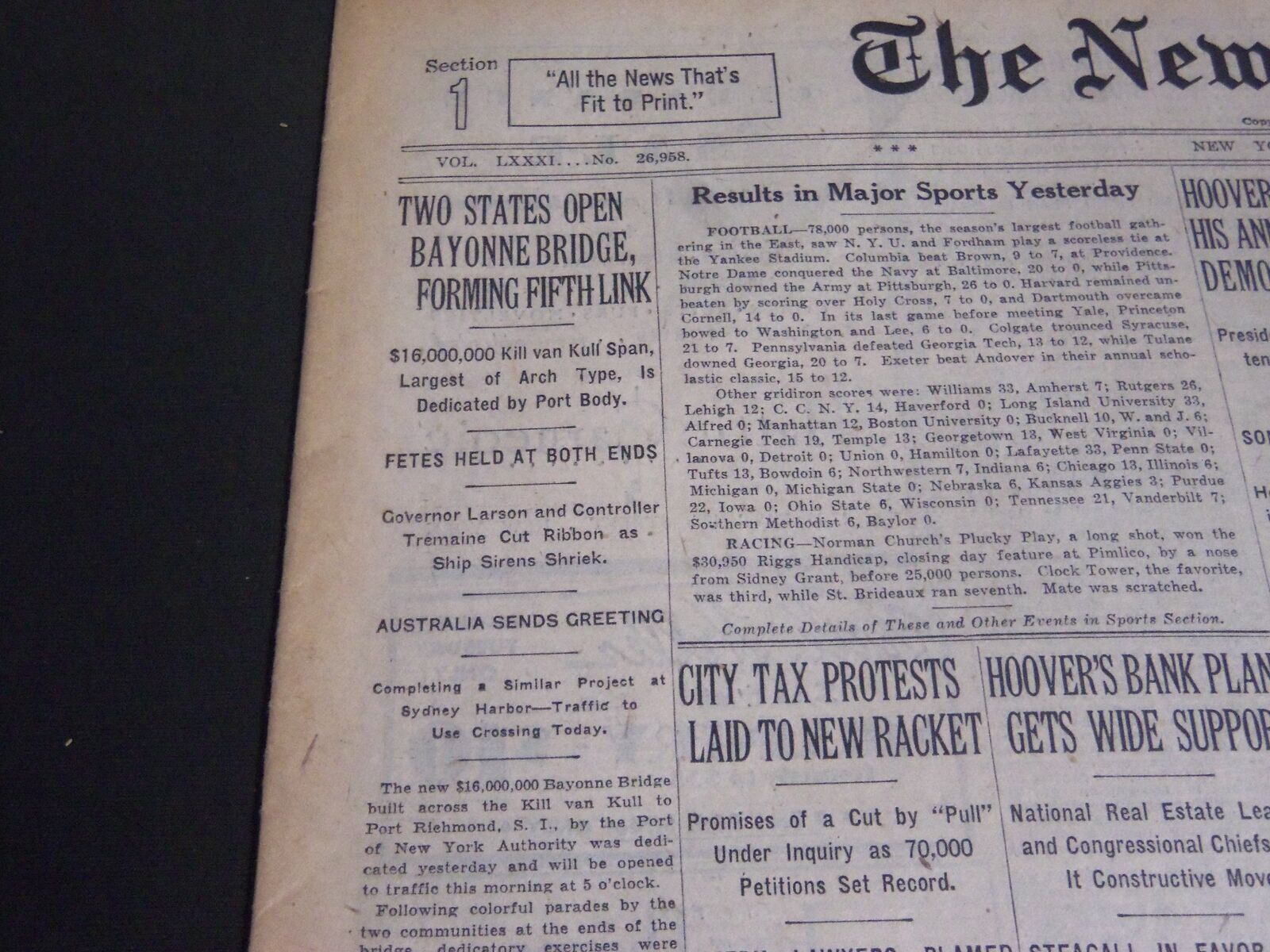 1931 NOVEMBER 15 NEW YORK TIMES - TWO STATES OPEN BAYONNE BRIDGE - NT 6675