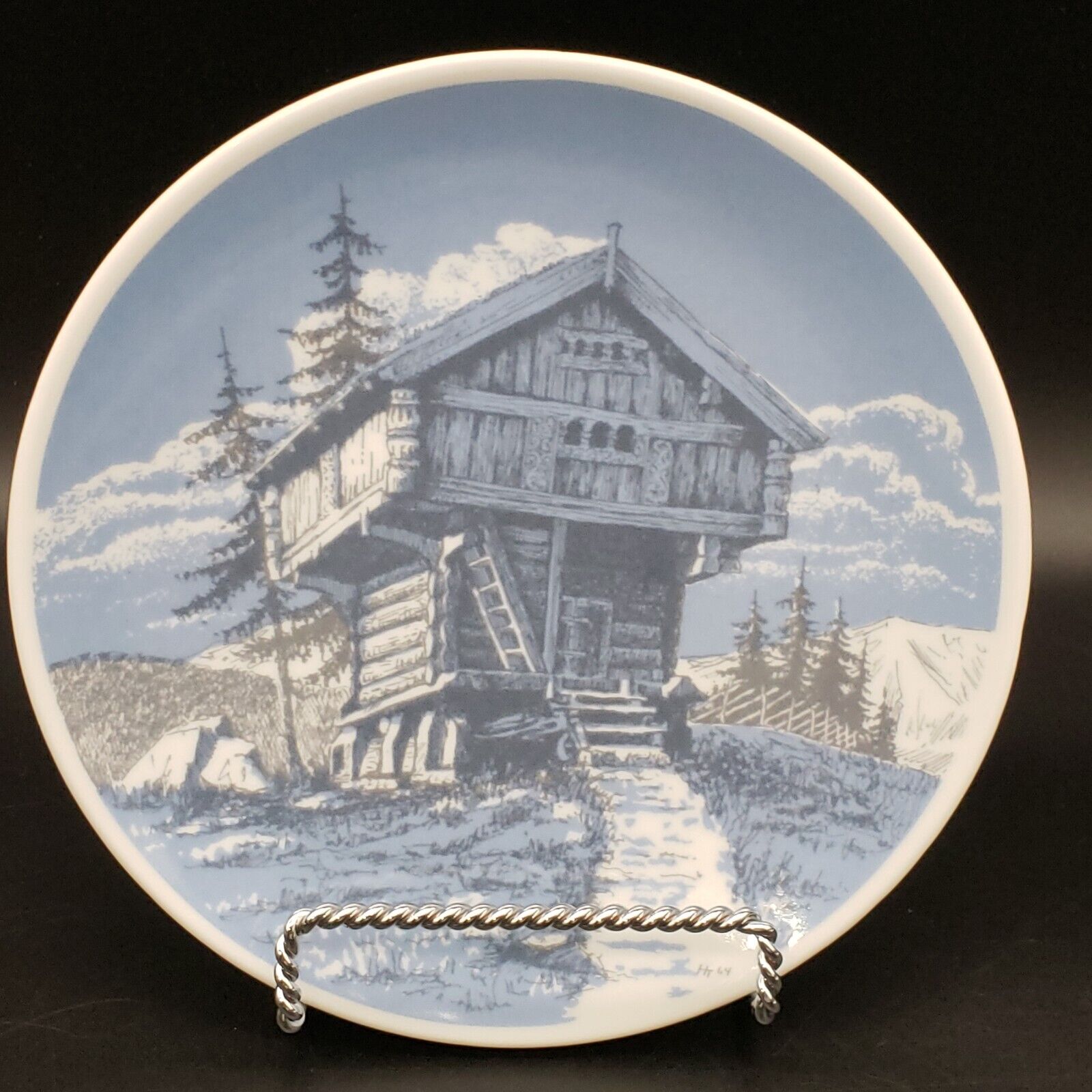 Vintage Porsgrund Norway Decorative Plate Stabbur Cabin Mountain Scene Blue