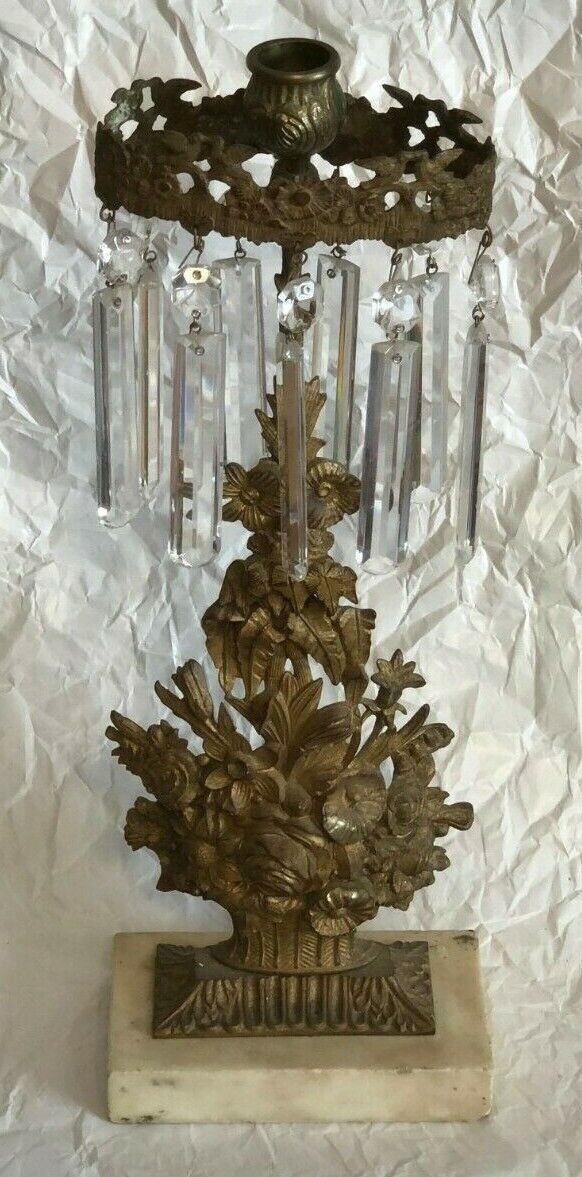 MAJESTIC ANTIQUE BRASS AND MARBLE CANDLESTICK WITH CRYSTAL PRISMS