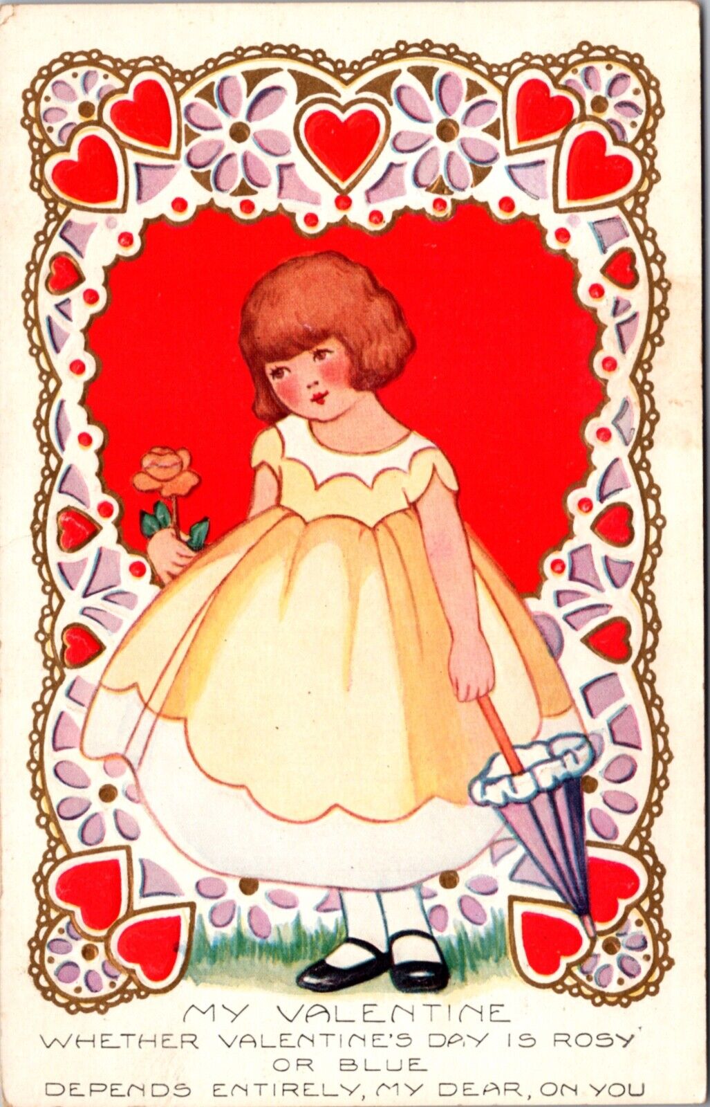 Valentine\'s Day Postcard Young Girl Yellow Dress Umbrella Rose Hearts Daisy\'s