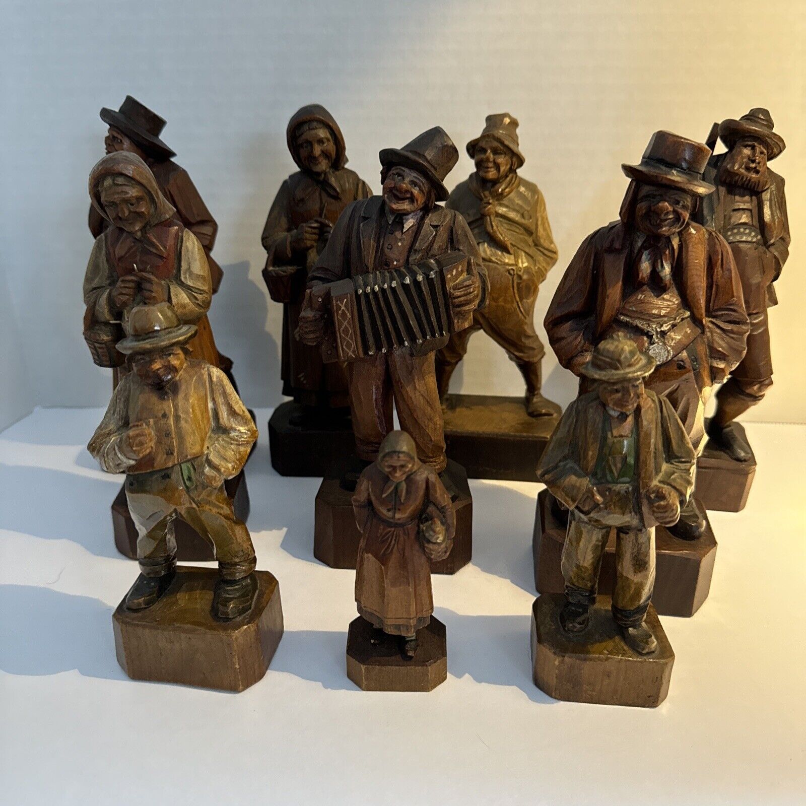 VTG Collection Of 10 Wooden  Hand Carved Men and Women Figurines Various Sizes