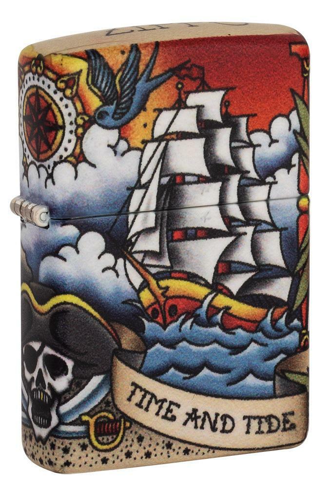 Zippo Windproof Pirate Ship & Lighthouse, Nautical Tattoo, 49532, New In Box