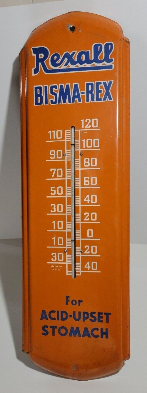 Vintage 27” Rexall Bisma-Rex Sign Advert Thermometer Acid-Upset Stomach RARE 46
