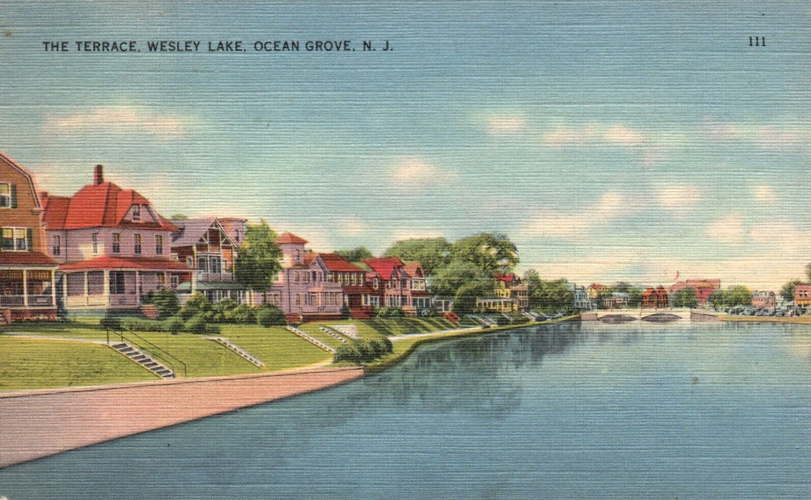 Ocean Grove, NJ, The Terrace, Wesley Lake, Linen Vintage Postcard b2951