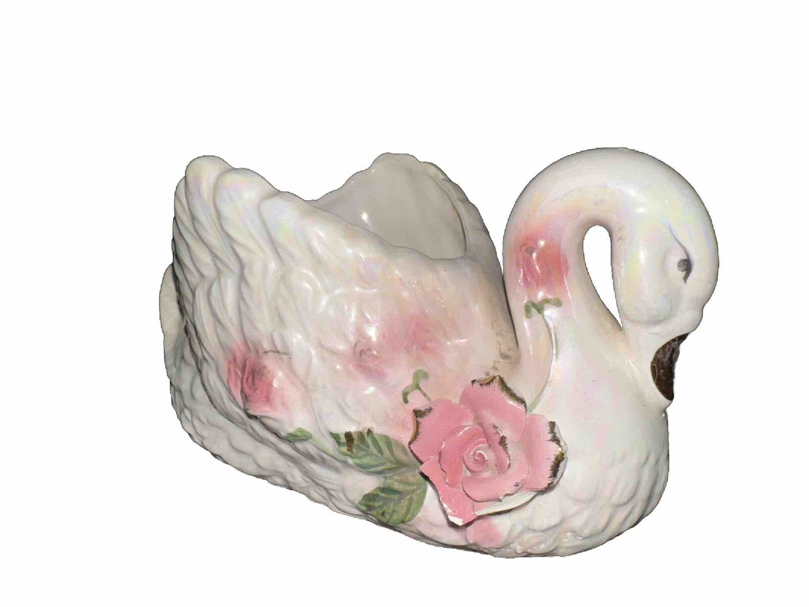 Swan Planter Vintage Gorgeous white pearl Ceramic with Pink Roses