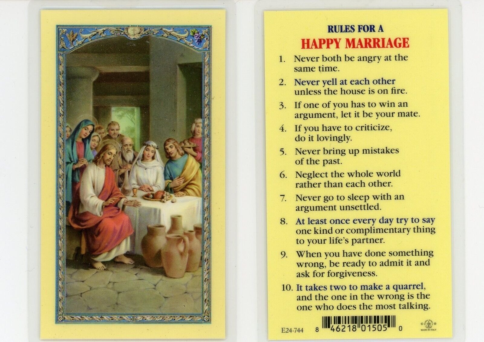 Rules for a Happy Marriage - Laminated Holy Card E24-744