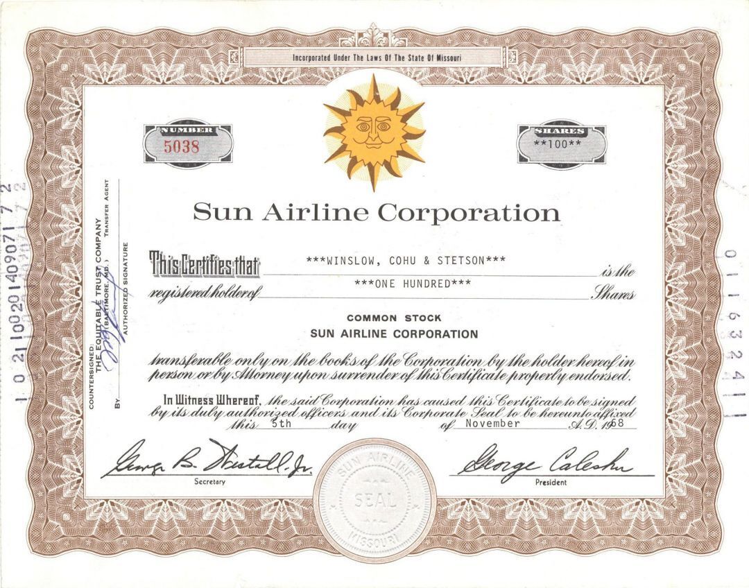 Sun Airline Corp. - Stock Certificate - Aviation Stocks