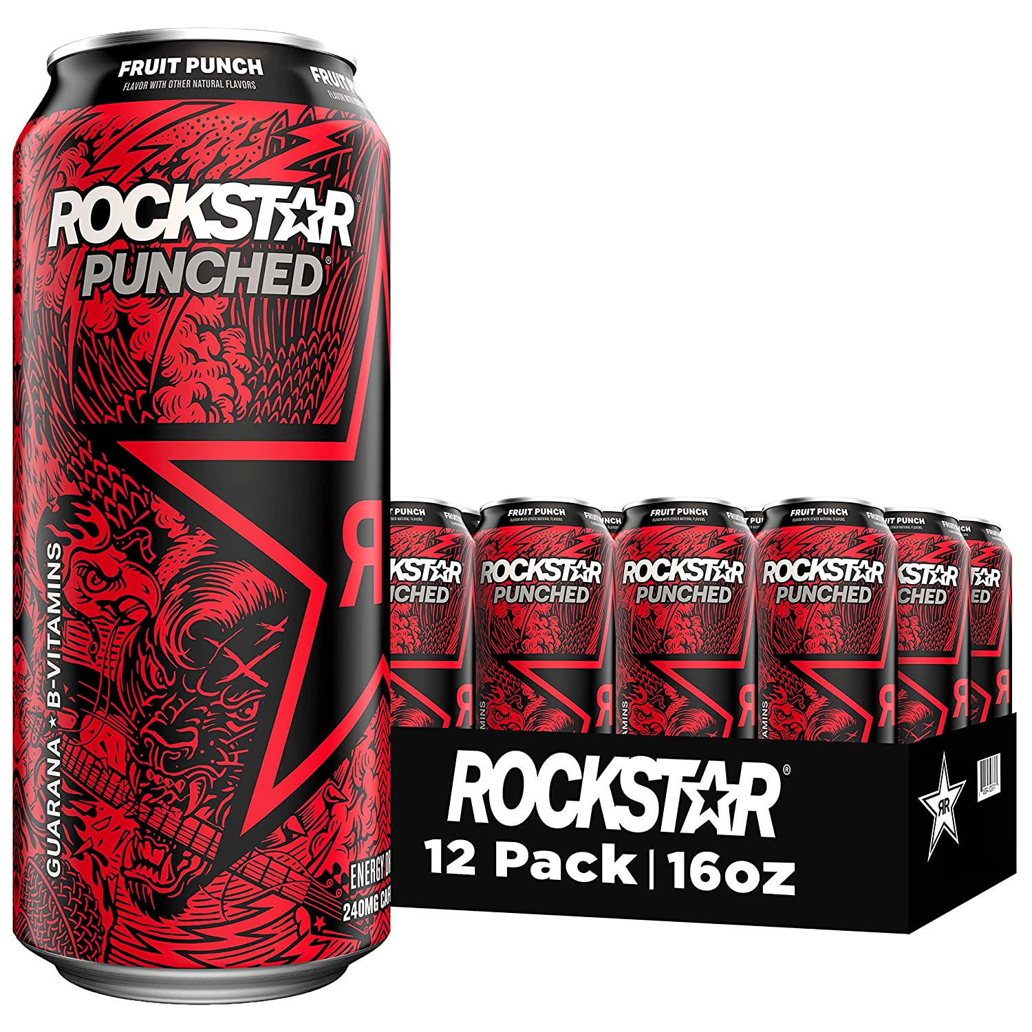Rockstar Punched Energy Drink, Fruit Punch, 16oz Cans (12 Pack) (Packaging May V