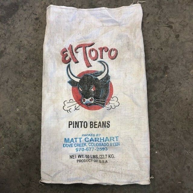 vintage farm grain sack El Toro pinto beans packaged in USA grain sack décor 
