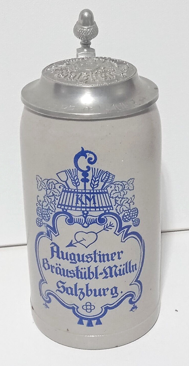 Vintage Stoneware German Beer Stein w Lid - Augustiner Salzburg 1L  9