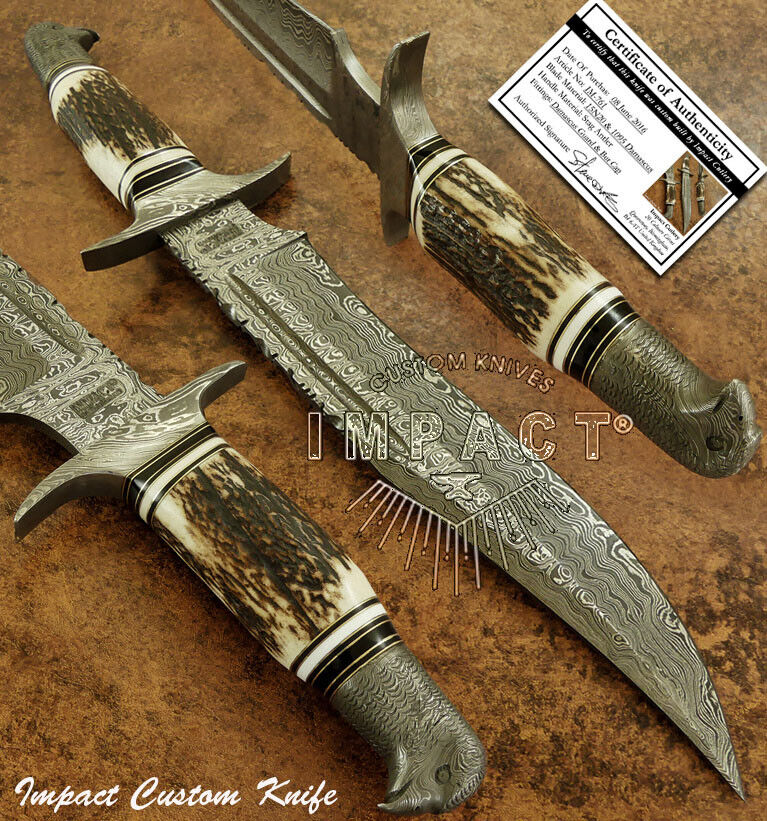 IMPACT CUTLERY RARE CUSTOM ART DAMASCUS BOWIE KNIFE | STAG ANTLER